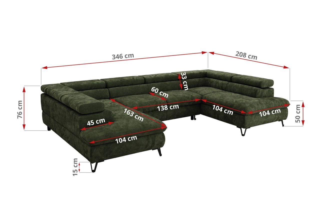 Narożnik PABLO U - uniwersalny - ciemnozielony, szenil gładki - topper Visco