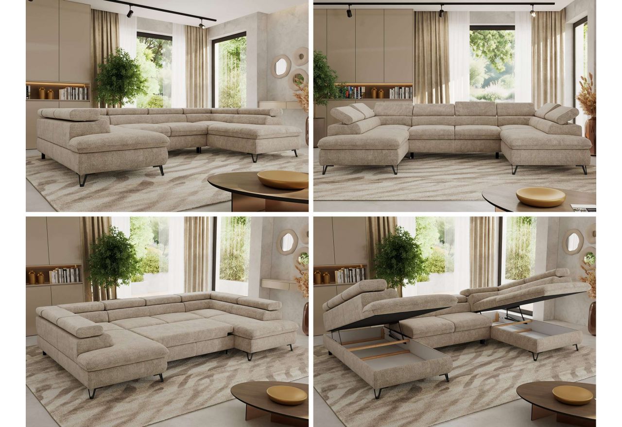 Narożnik PABLO U - uniwersalny - beżowy, szenil grubo tkany - topper Visco