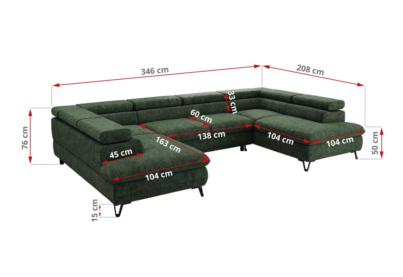 Narożnik PABLO U - uniwersalny - ciemnozielony, szenil grubo tkany - topper Visco