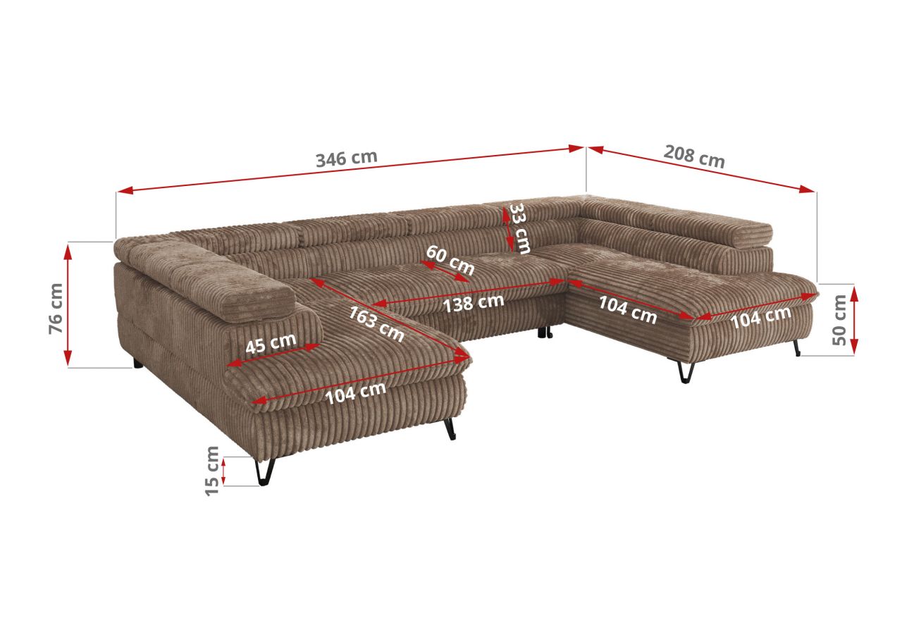 Narożnik PABLO U - uniwersalny - brązowy, sztruks - topper Visco