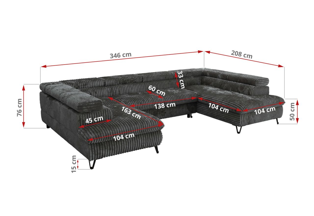 Narożnik PABLO U - uniwersalny - ciemnoszary, sztruks - topper Visco