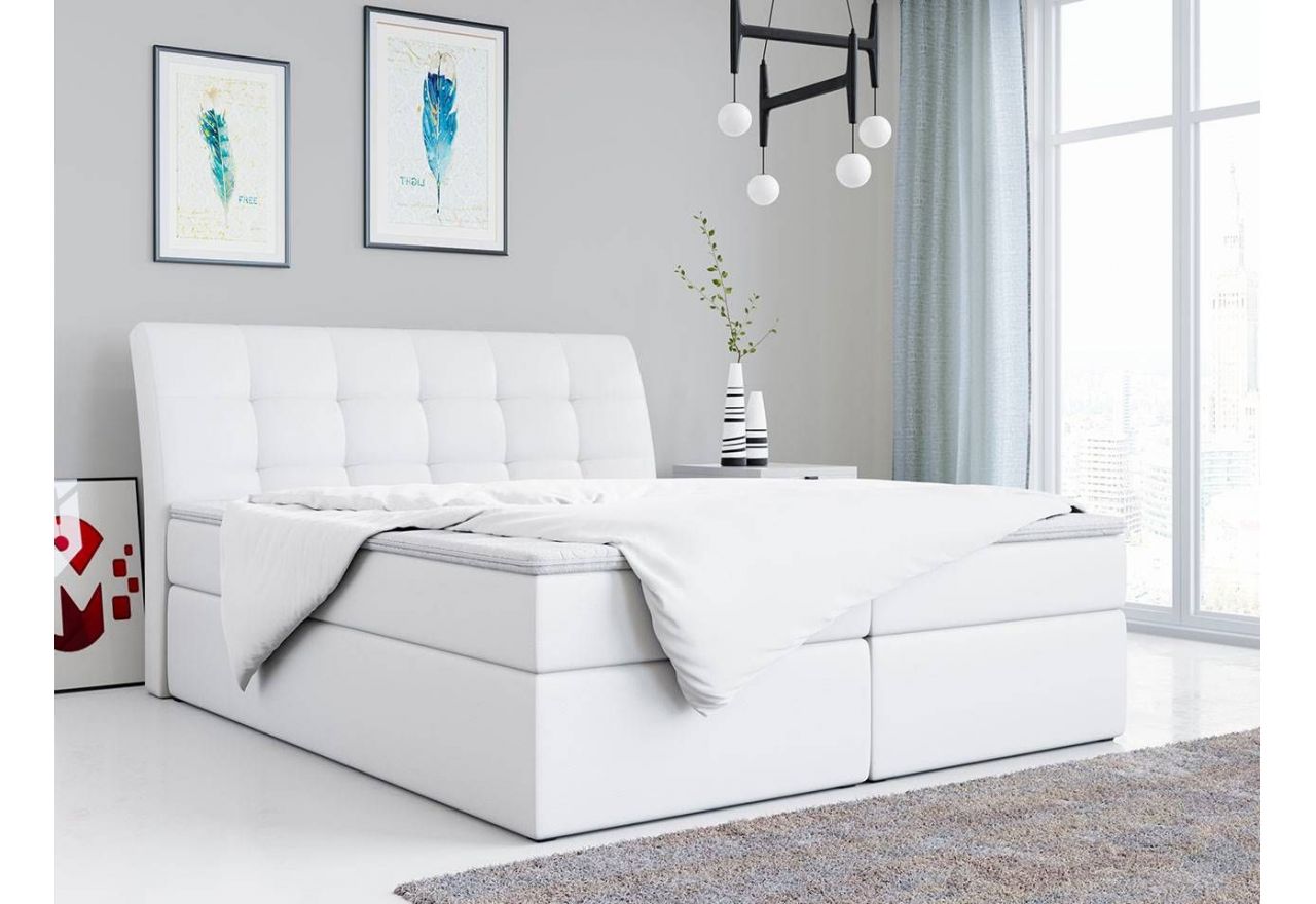 Łóżko kontynentalne w nowoczesnym stylu z wysokim wezgłowiem - DINGO biała ecoskóra