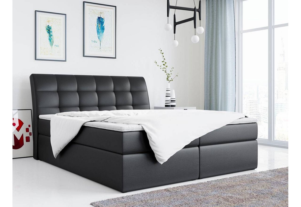 Modne i funkcjonalne łóżko z podwójnym pojemnikiem na pościel i opcją wyboru tkaniny - DINGO z obiciem z czarnej ecoskóry
