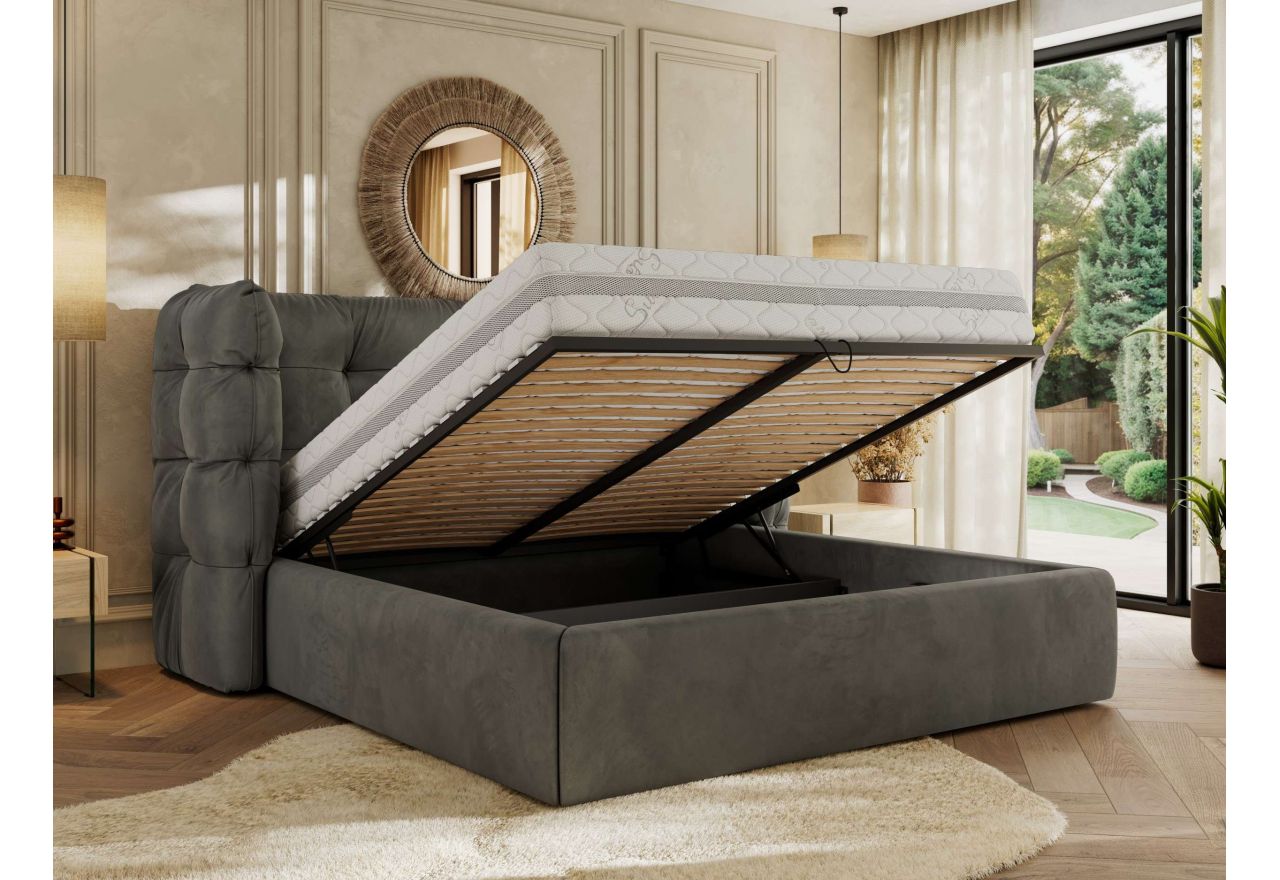 Łóżko tapicerowane FLONELLE CLASSIC 160x200 - materac pocket - ciemnoszary, welwet