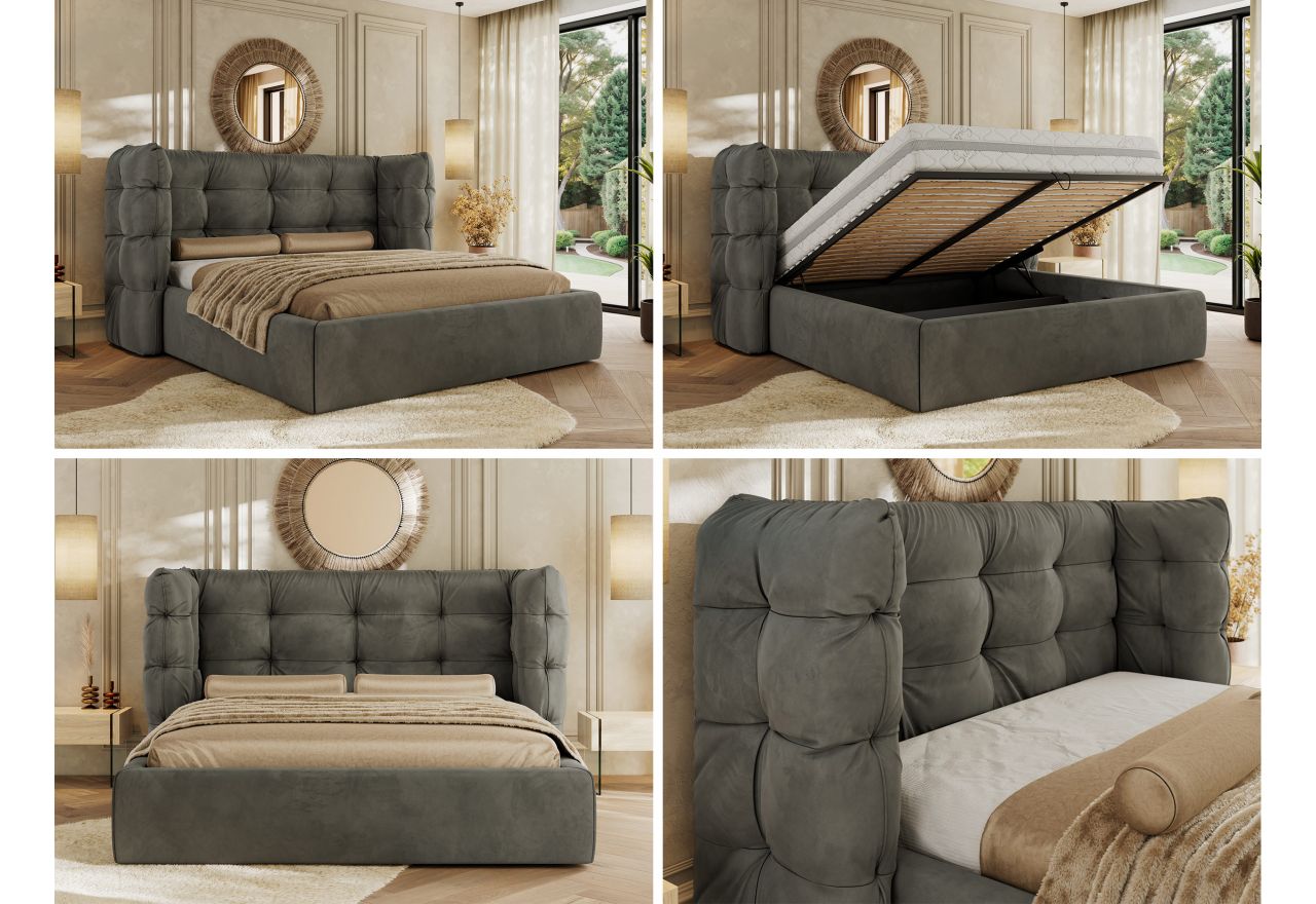 Łóżko tapicerowane FLONELLE CLASSIC 180x200 - materac multipocket - ciemnoszary, welwet