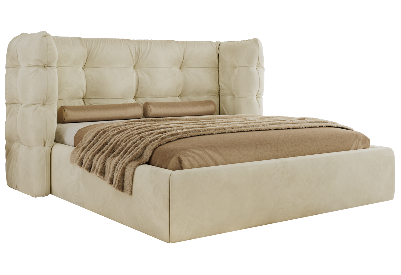 Łóżko tapicerowane FLONELLE CLASSIC 160x200 - materac piankowy - kremowy, welwet