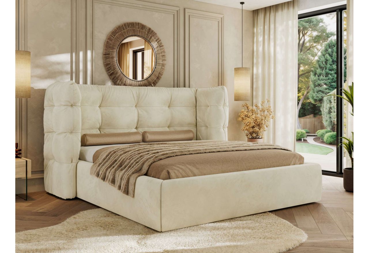 Łóżko tapicerowane FLONELLE CLASSIC 160x200 - materac multipocket - kremowy, welwet