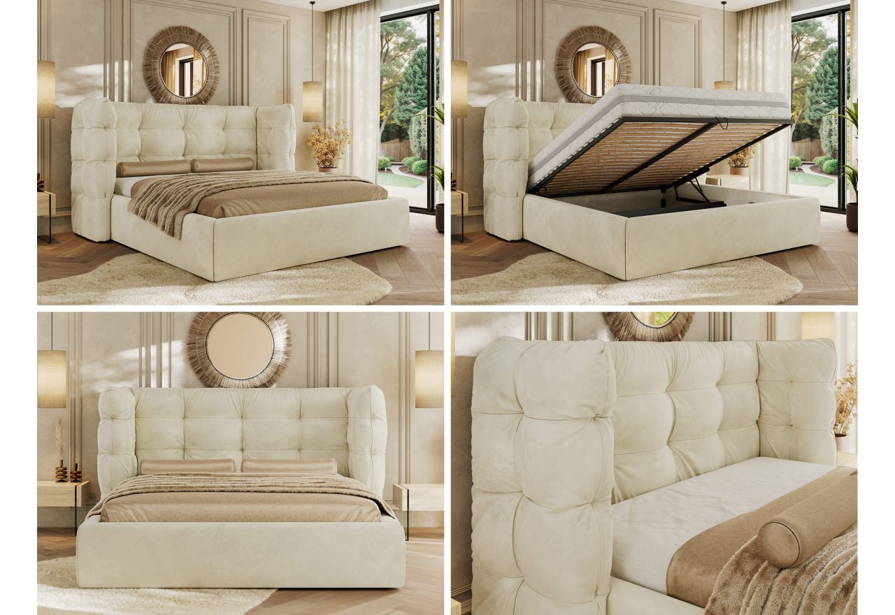 Łóżko tapicerowane FLONELLE CLASSIC 160x200 - materac multipocket - kremowy, welwet