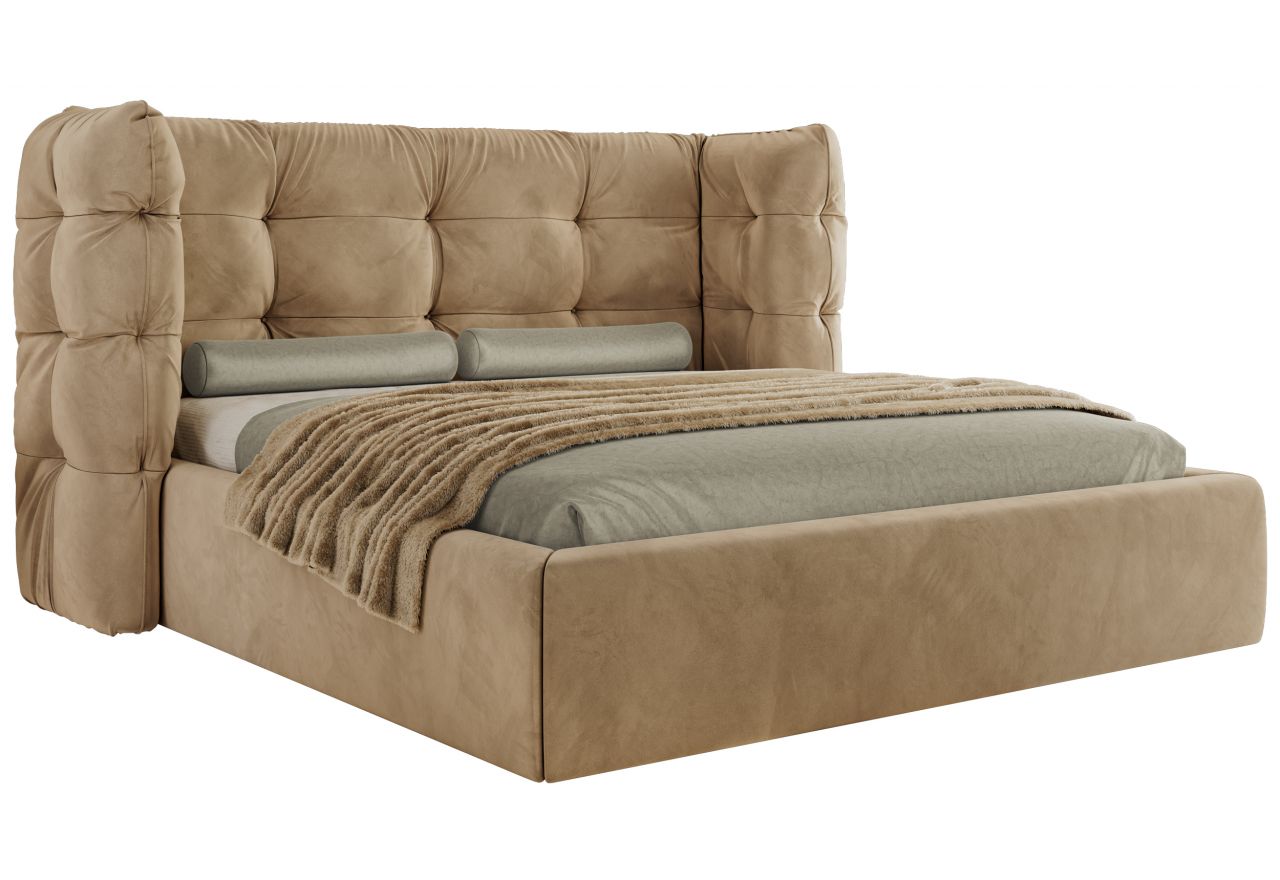 Łóżko tapicerowane FLONELLE CLASSIC 200x200 - materac piankowy - jasnobrązowy, welwet