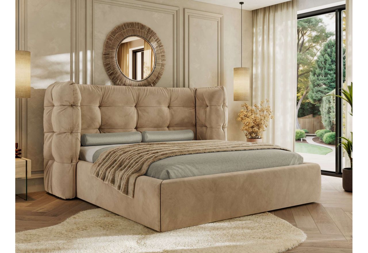 Łóżko tapicerowane FLONELLE CLASSIC 180x200 - materac pocket - jasnobrązowy, welwet