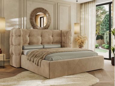 Łóżko tapicerowane FLONELLE CLASSIC 140x200 - materac multipocket - jasnobrązowy, welwet