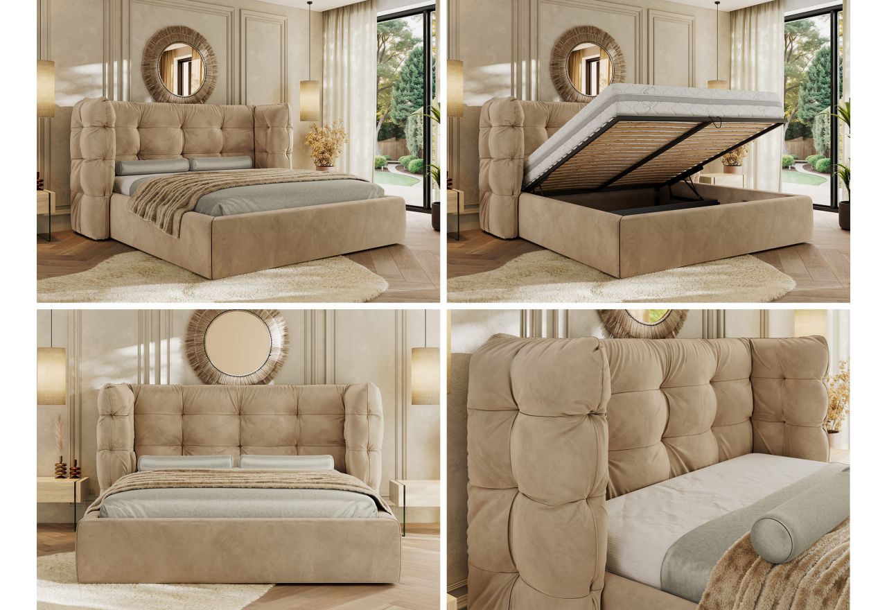 Łóżko tapicerowane FLONELLE CLASSIC 140x200 - materac multipocket - jasnobrązowy, welwet