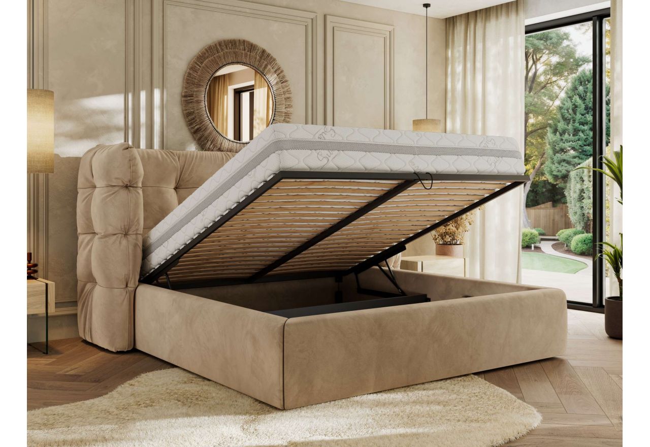 Łóżko tapicerowane FLONELLE CLASSIC 180x200 - materac multipocket - jasnobrązowy, welwet