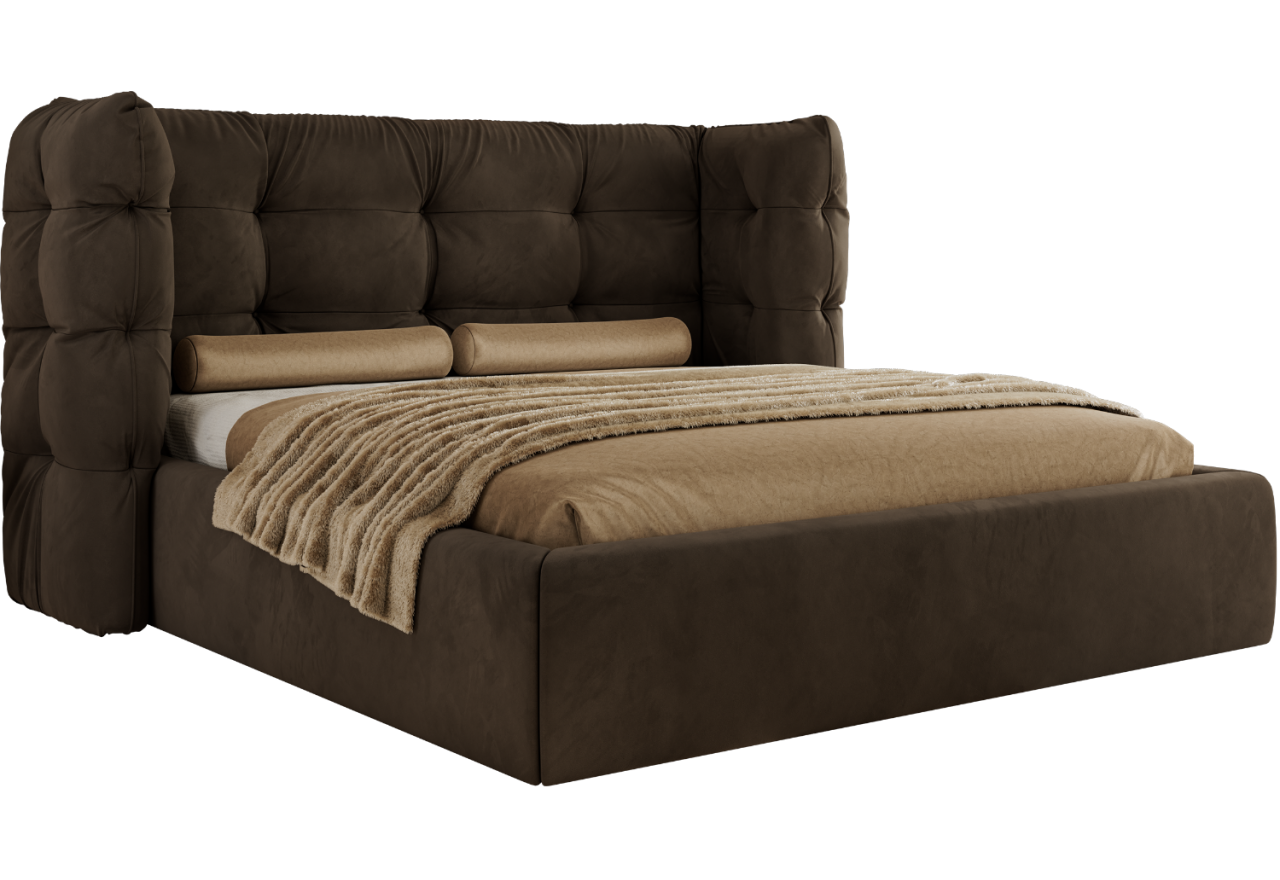 Łóżko tapicerowane FLONELLE CLASSIC 140x200 - materac piankowy - brązowy, welwet