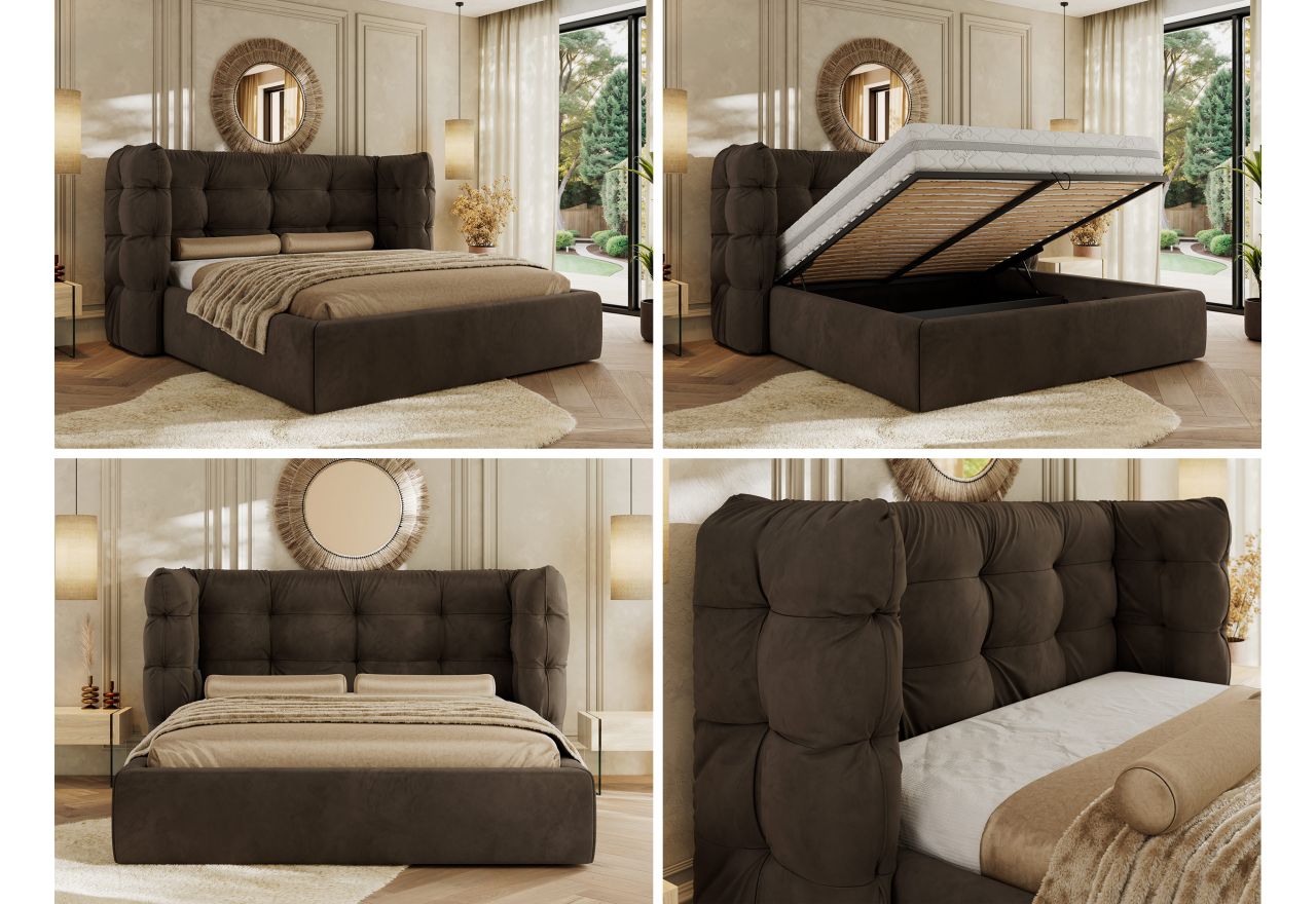 Łóżko tapicerowane FLONELLE CLASSIC 180x200 - materac piankowy - brązowy, welwet