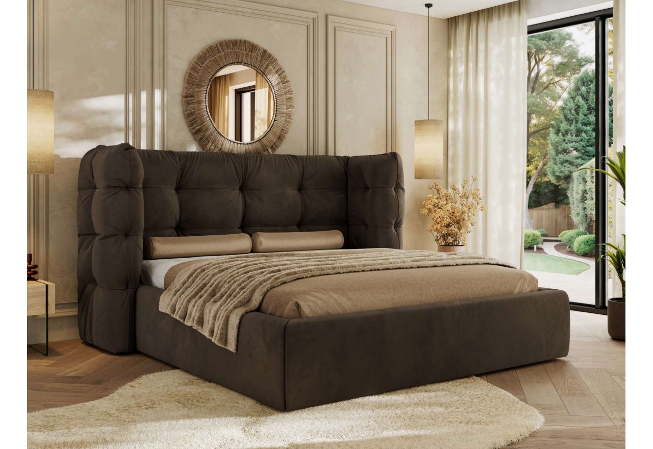 Łóżko tapicerowane FLONELLE CLASSIC 200x200 - materac piankowy - brązowy, welwet