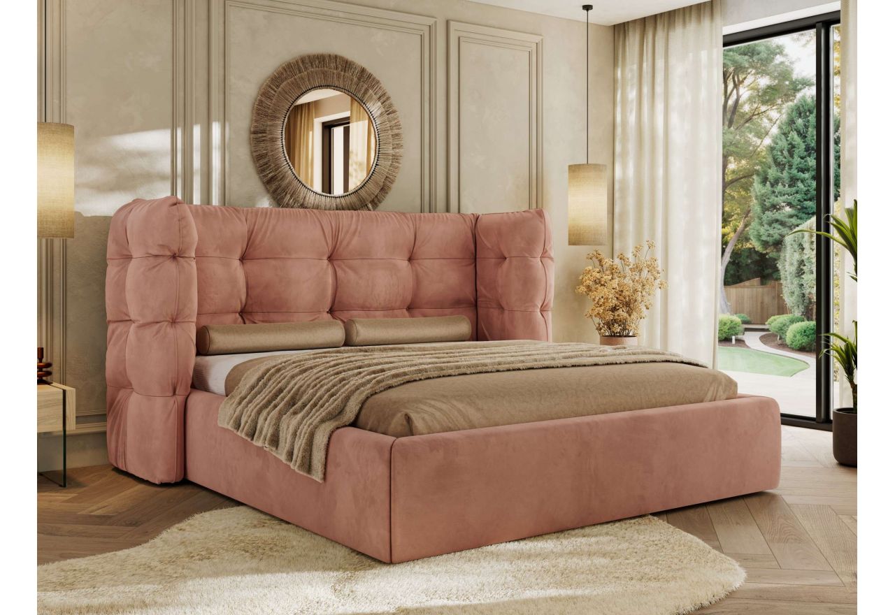 Łóżko tapicerowane FLONELLE CLASSIC 160x200 - materac pocket - różowy, welwet