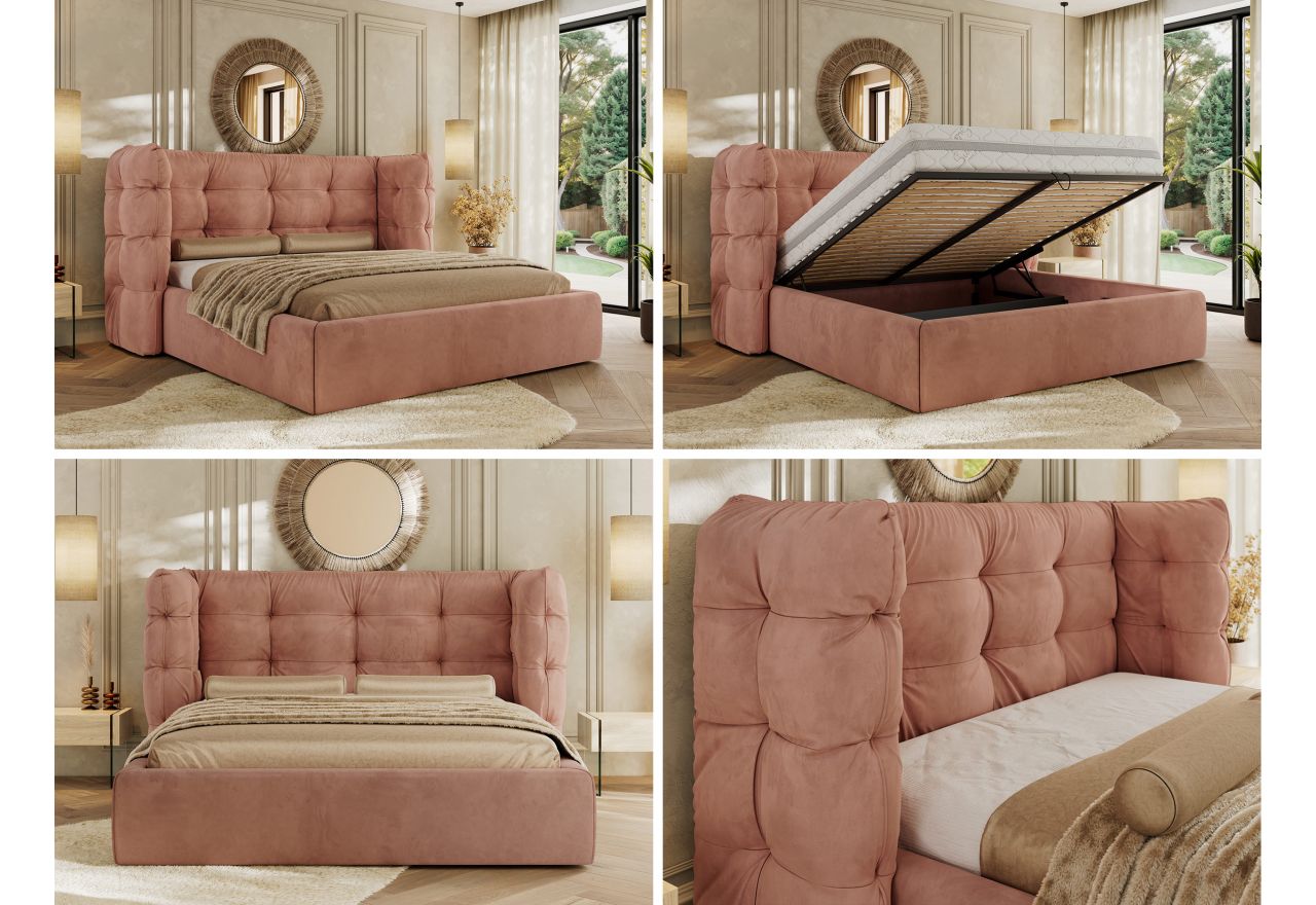 Łóżko tapicerowane FLONELLE CLASSIC 160x200 - materac multipocket - różowy, welwet