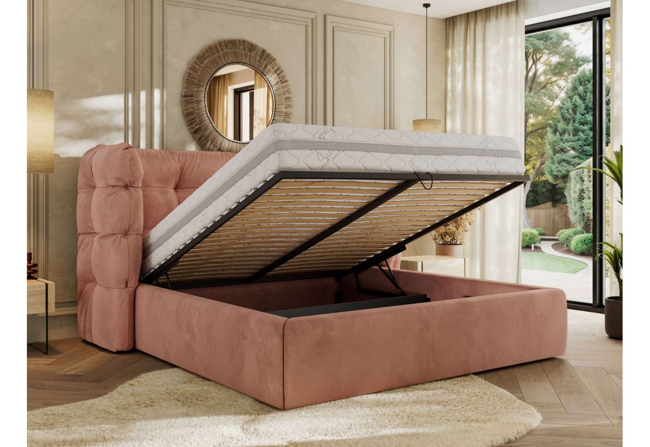 Łóżko tapicerowane FLONELLE CLASSIC 200x200 - materac multipocket - różowy, welwet