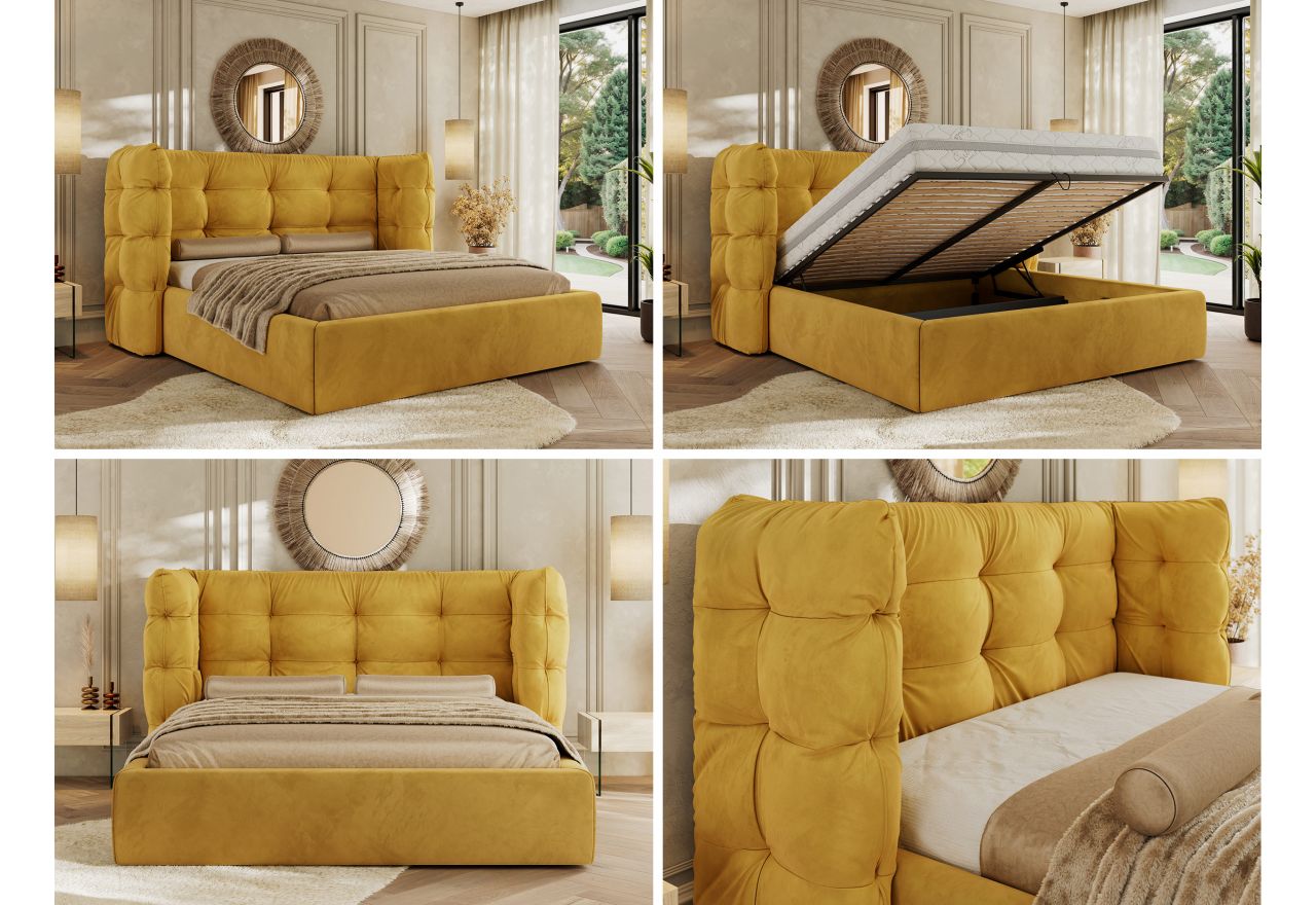 Łóżko tapicerowane FLONELLE CLASSIC 180x200 - żółty, welwet