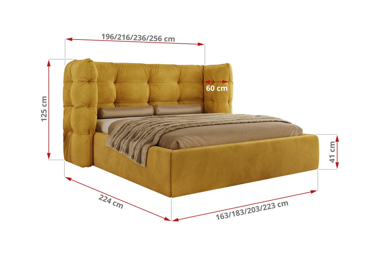 Łóżko tapicerowane FLONELLE CLASSIC 140x200 - materac piankowy - żółty, welwet