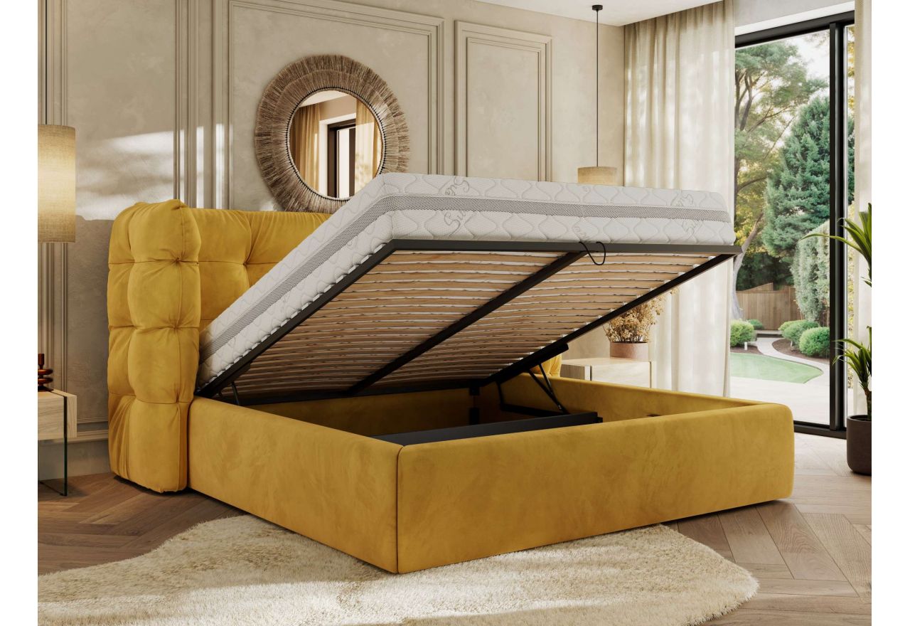 Łóżko tapicerowane FLONELLE CLASSIC 160x200 - materac piankowy - żółty, welwet