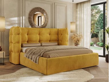 Łóżko tapicerowane FLONELLE CLASSIC 180x200 - materac pocket - żółty, welwet