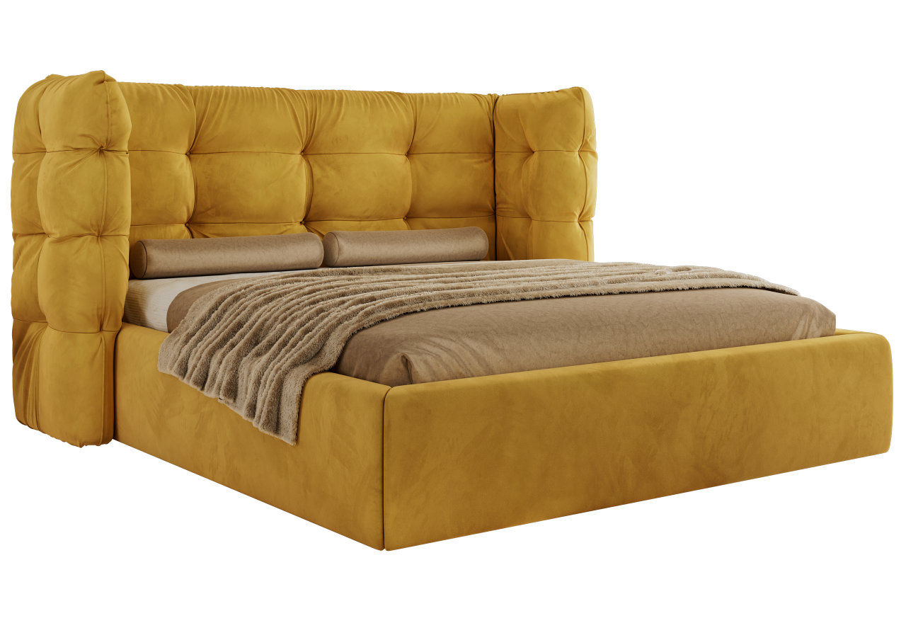 Łóżko tapicerowane FLONELLE CLASSIC 200x200 - materac multipocket - żółty, welwet