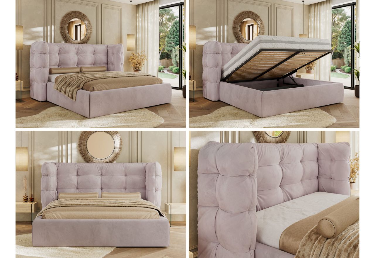 Łóżko tapicerowane FLONELLE CLASSIC 200x200 - materac piankowy - jasnoróżowy, welwet