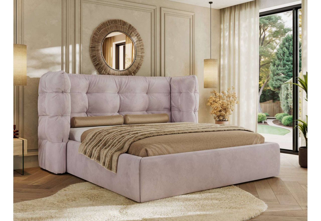 Łóżko tapicerowane FLONELLE CLASSIC 160x200 - materac pocket - jasnoróżowy, welwet