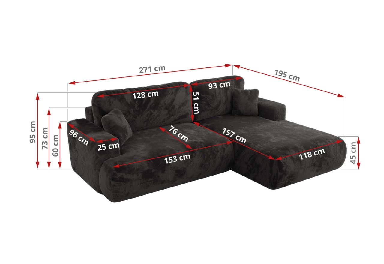 Narożnik - OVO L - strona lewa - ciemnoszary, plusz