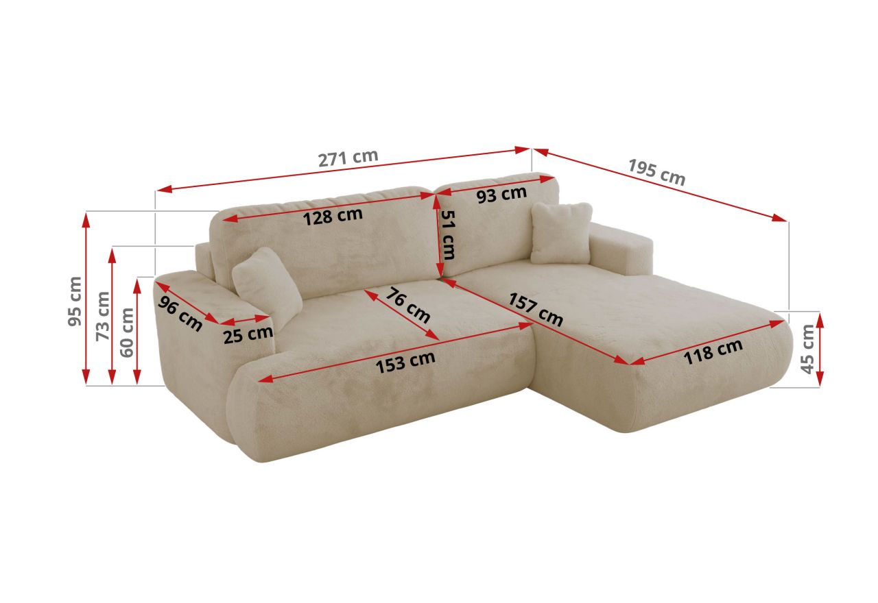 Narożnik - OVO L - strona lewa - kremowy, plusz