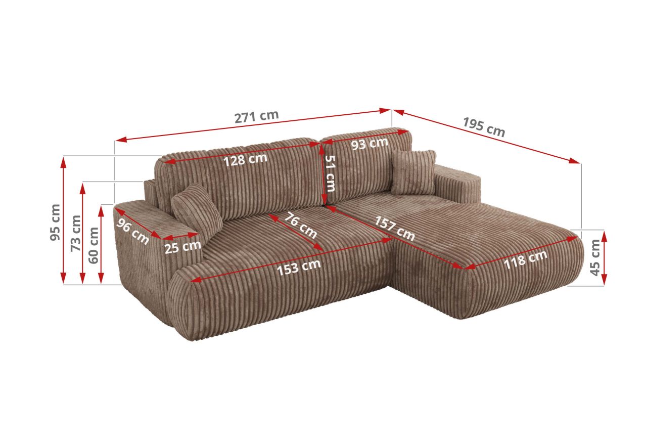 Narożnik - OVO L - strona prawa - brązowy, sztruks
