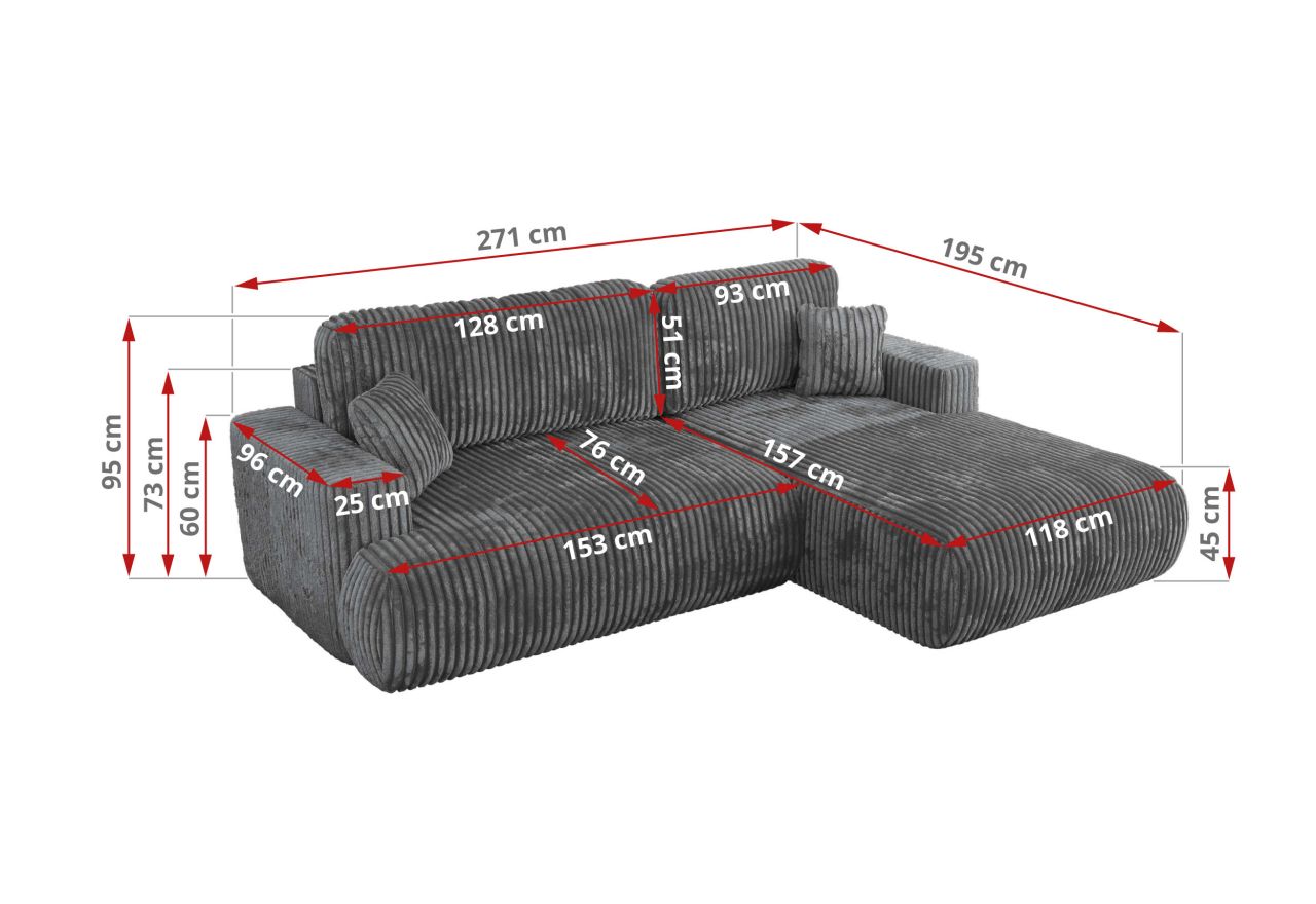 Narożnik - OVO L - strona prawa - ciemnoszary, sztruks