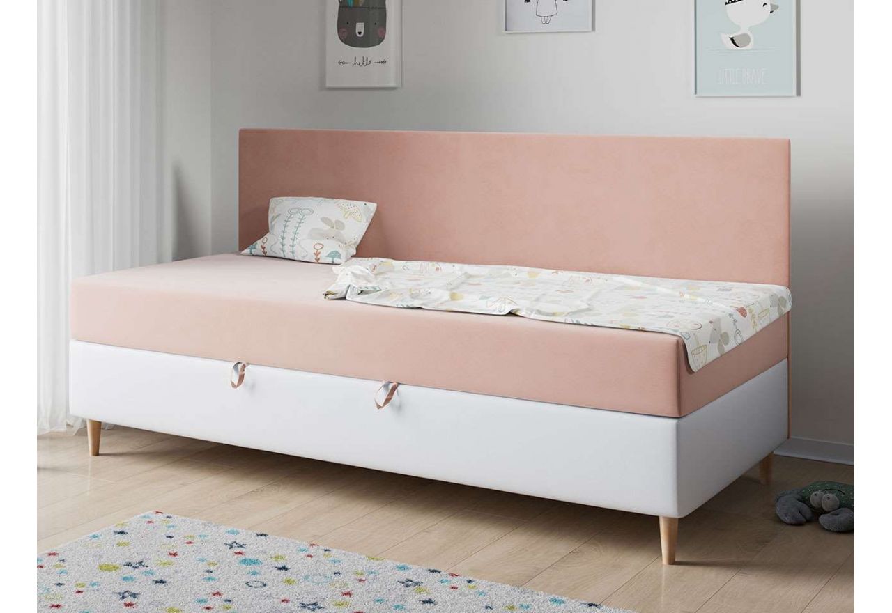 Ponadczasowe łóżko kontynentalne z pojemnikiem na pościel do pokoju dziecka - ZUZA 2 różowa tkanina welwetowa z białą ecoskórą