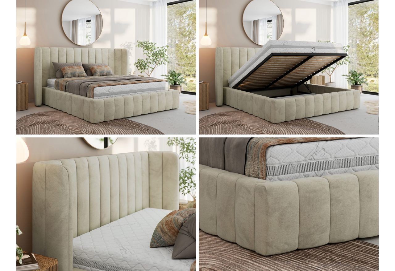 Łóżko tapicerowane GOLETTA CLASSIC 180x200 - materac piankowy - beżowy, welwet