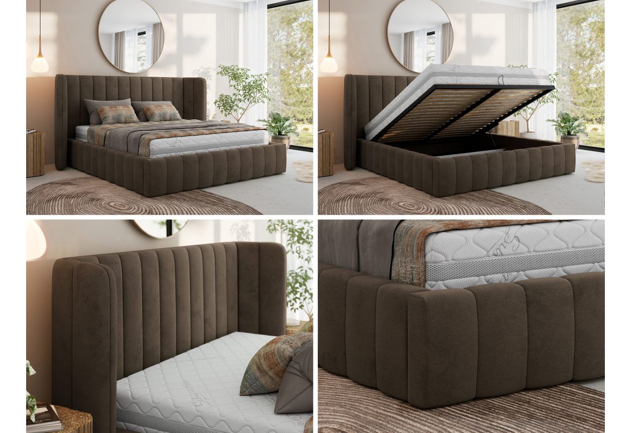 Łóżko tapicerowane GOLETTA CLASSIC 140x200 - materac multipocket - brązowy, welwet