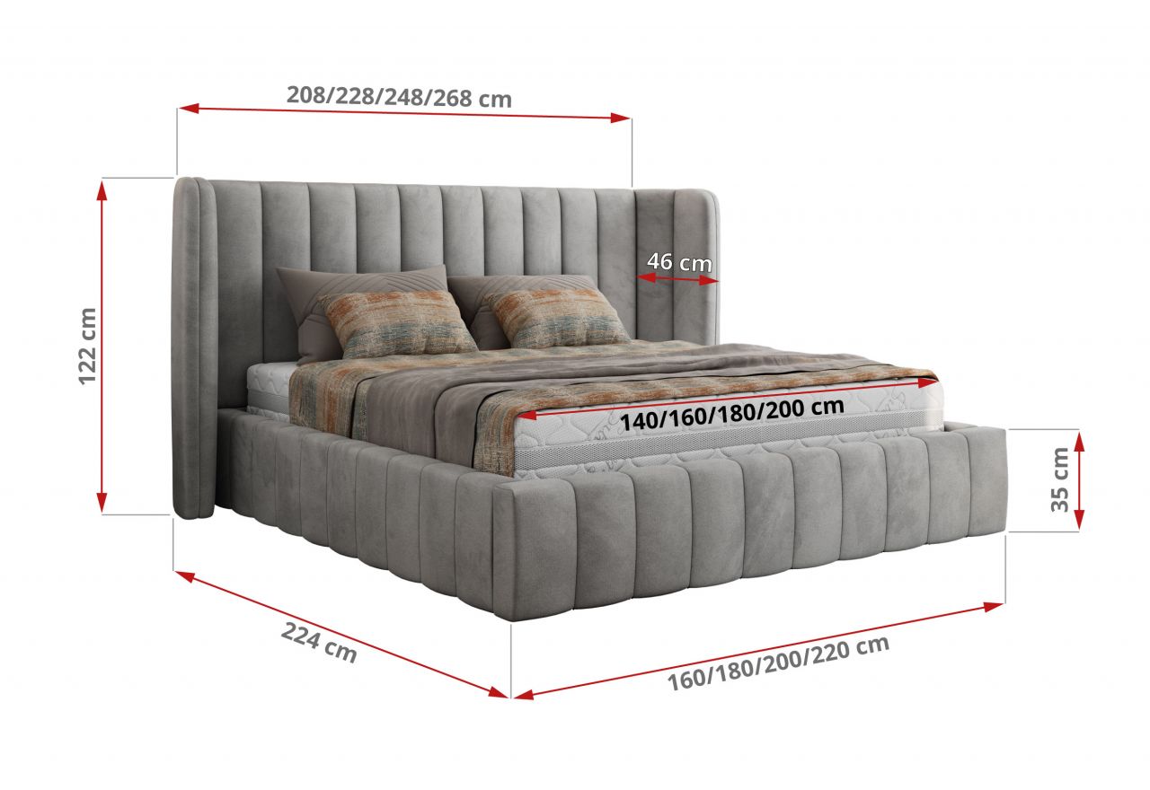 Łóżko tapicerowane GOLETTA CLASSIC 140x200 - materac pocket - jasnoszary, welwet