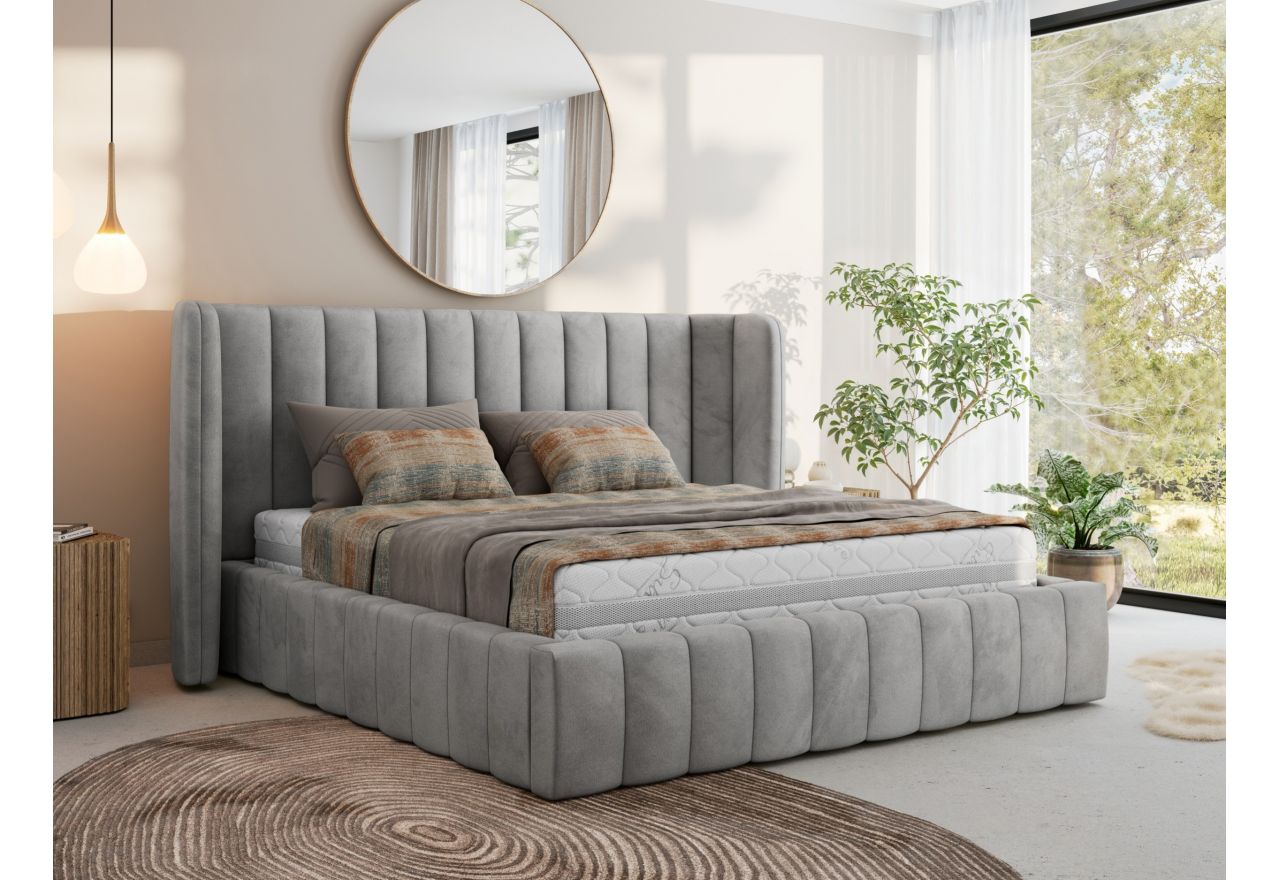 Łóżko tapicerowane GOLETTA CLASSIC 160x200 - materac pocket - jasnoszary, welwet