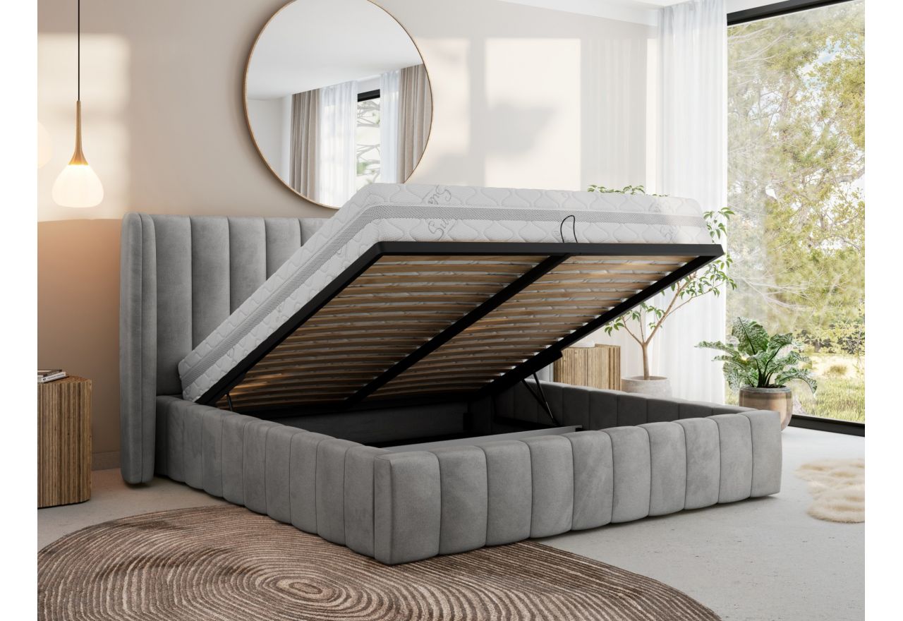 Łóżko tapicerowane GOLETTA CLASSIC 180x200 - materac pocket - jasnoszary, welwet