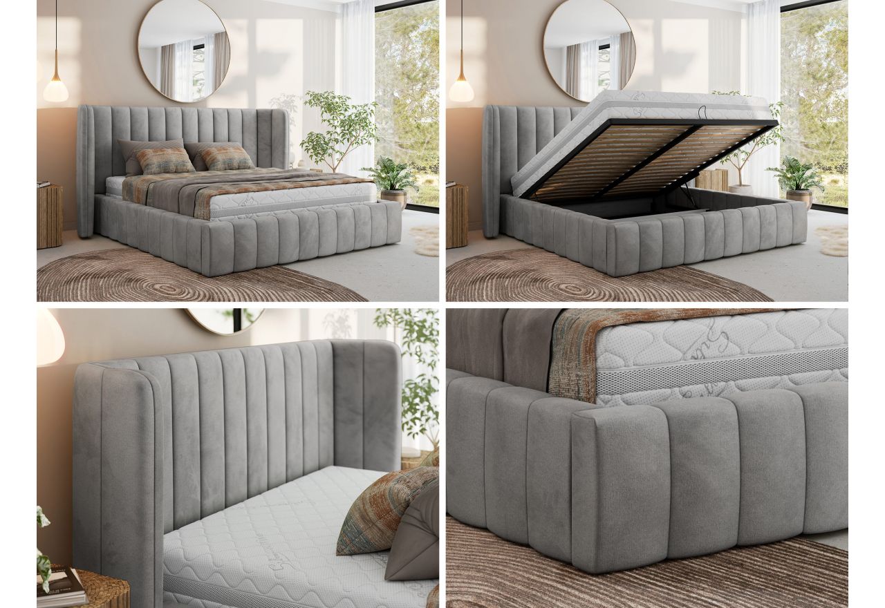 Łóżko tapicerowane GOLETTA CLASSIC 200x200 - materac multipocket - jasnoszary, welwet