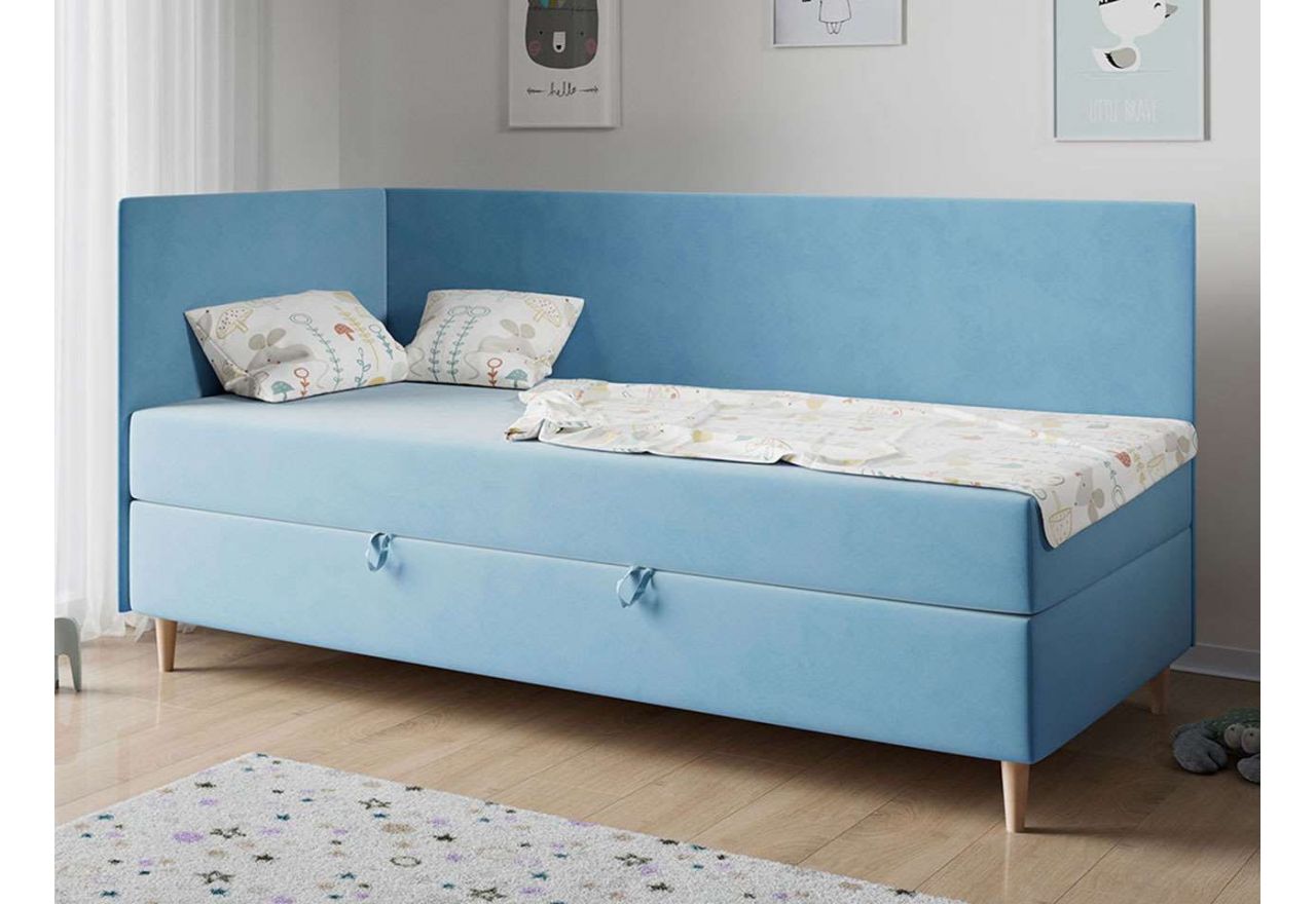 Błękitne łóżko kontynentalne w pluszowej tkaninie i z pojemnikiem na pościel - ZUZA 3 Magic Velvet 2260