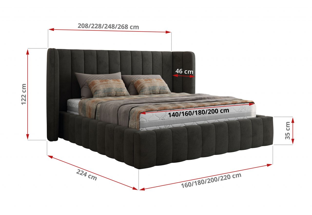 Łóżko tapicerowane GOLETTA CLASSIC 200x200 - materac pocket - ciemnoszary, welwet