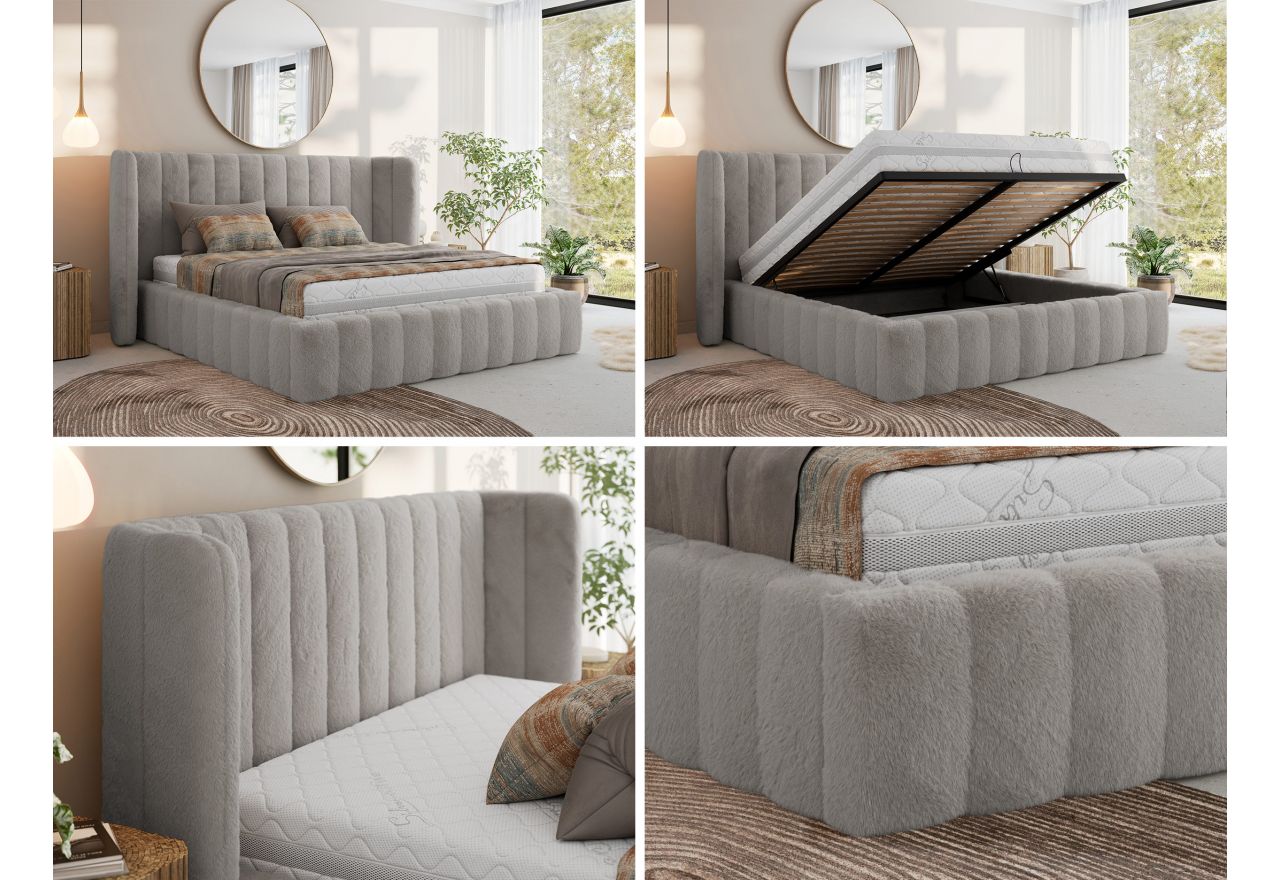 Łóżko tapicerowane GOLETTA CLASSIC 200x200 - materac pocket - jasnoszary, plusz