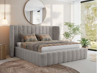Łóżko tapicerowane GOLETTA CLASSIC 160x200 - materac multipocket - jasnoszary, plusz