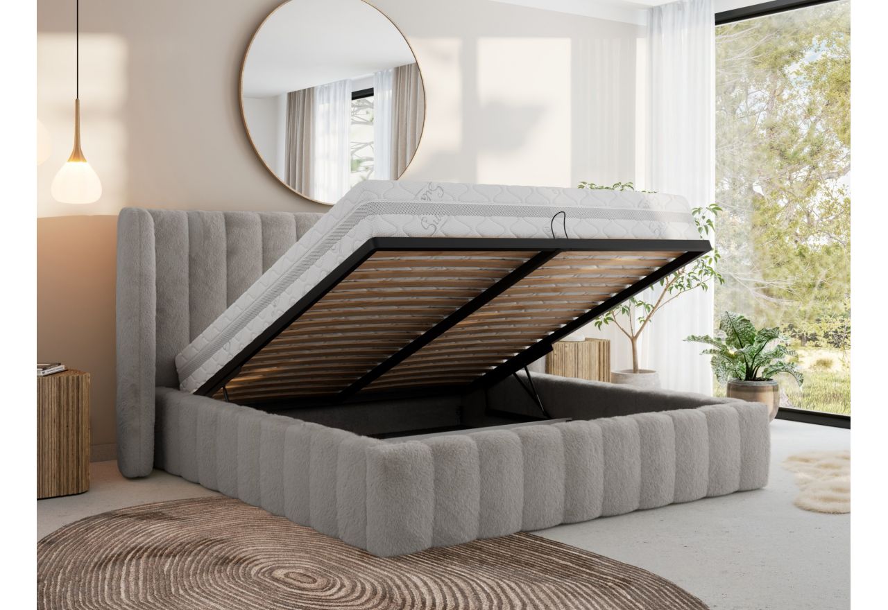 Łóżko tapicerowane GOLETTA CLASSIC 160x200 - materac multipocket - jasnoszary, plusz