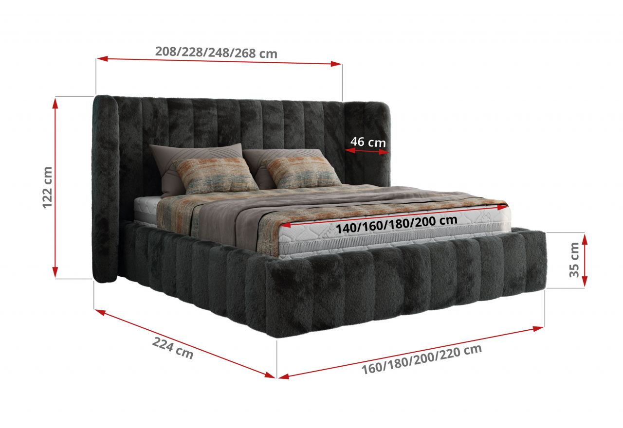 Łóżko tapicerowane GOLETTA CLASSIC 160x200 - materac multipocket - ciemnoszary, plusz