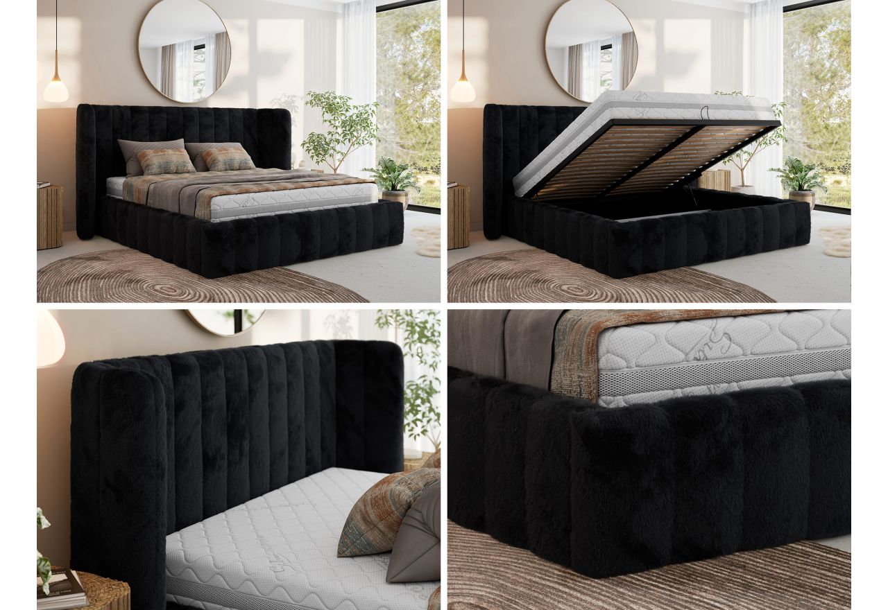 Łóżko tapicerowane GOLETTA CLASSIC 200x200 - materac pocket - czarny, plusz