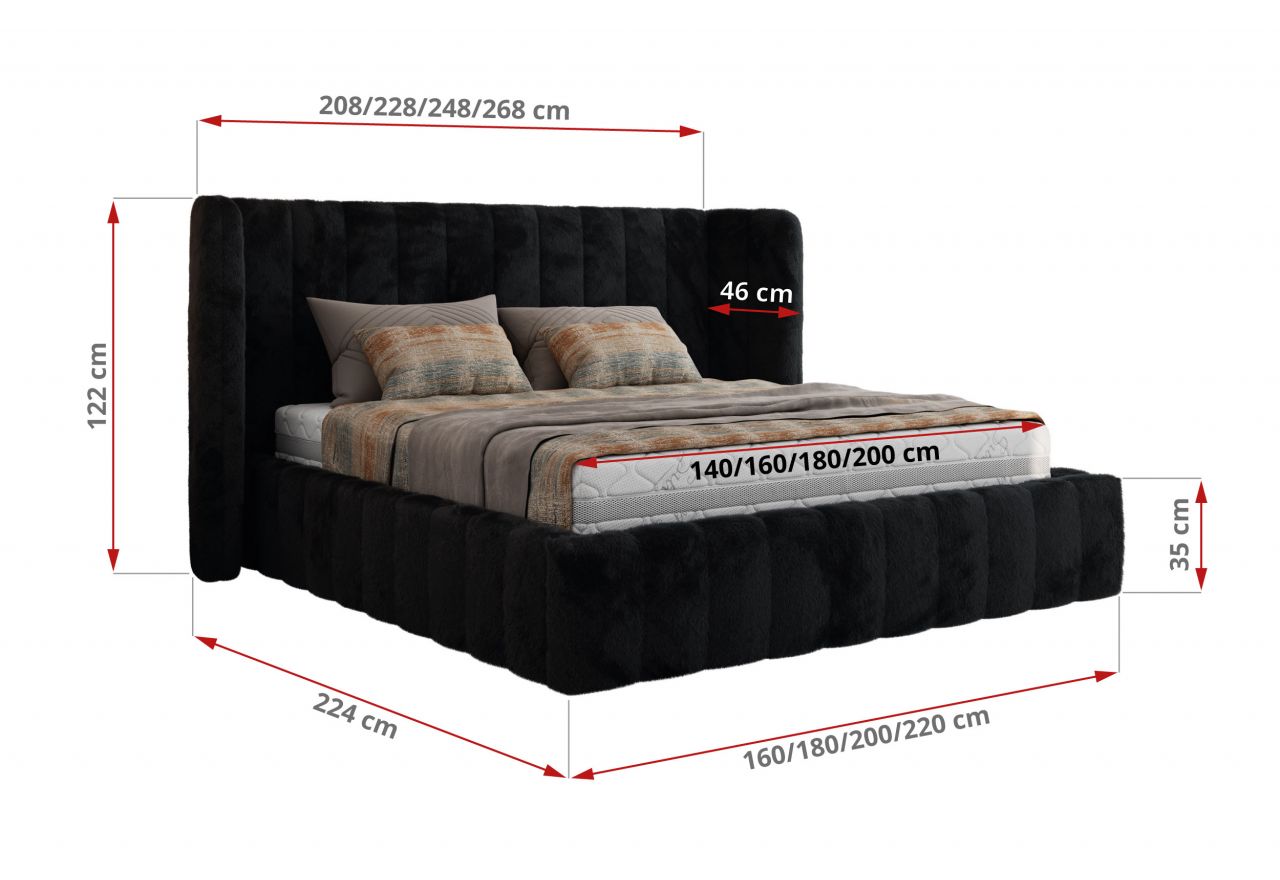Łóżko tapicerowane GOLETTA CLASSIC 200x200 - materac pocket - czarny, plusz