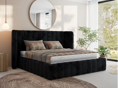 Łóżko tapicerowane GOLETTA CLASSIC 140x200 - materac multipocket - czarny, plusz